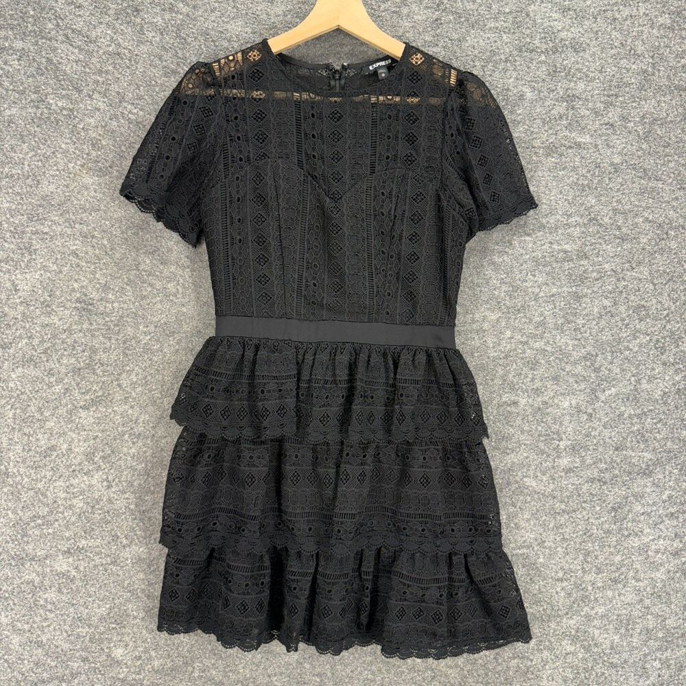 Express Dress Women XS Black Geometric Crochet Sheath Short Zipper Ruffle Lined